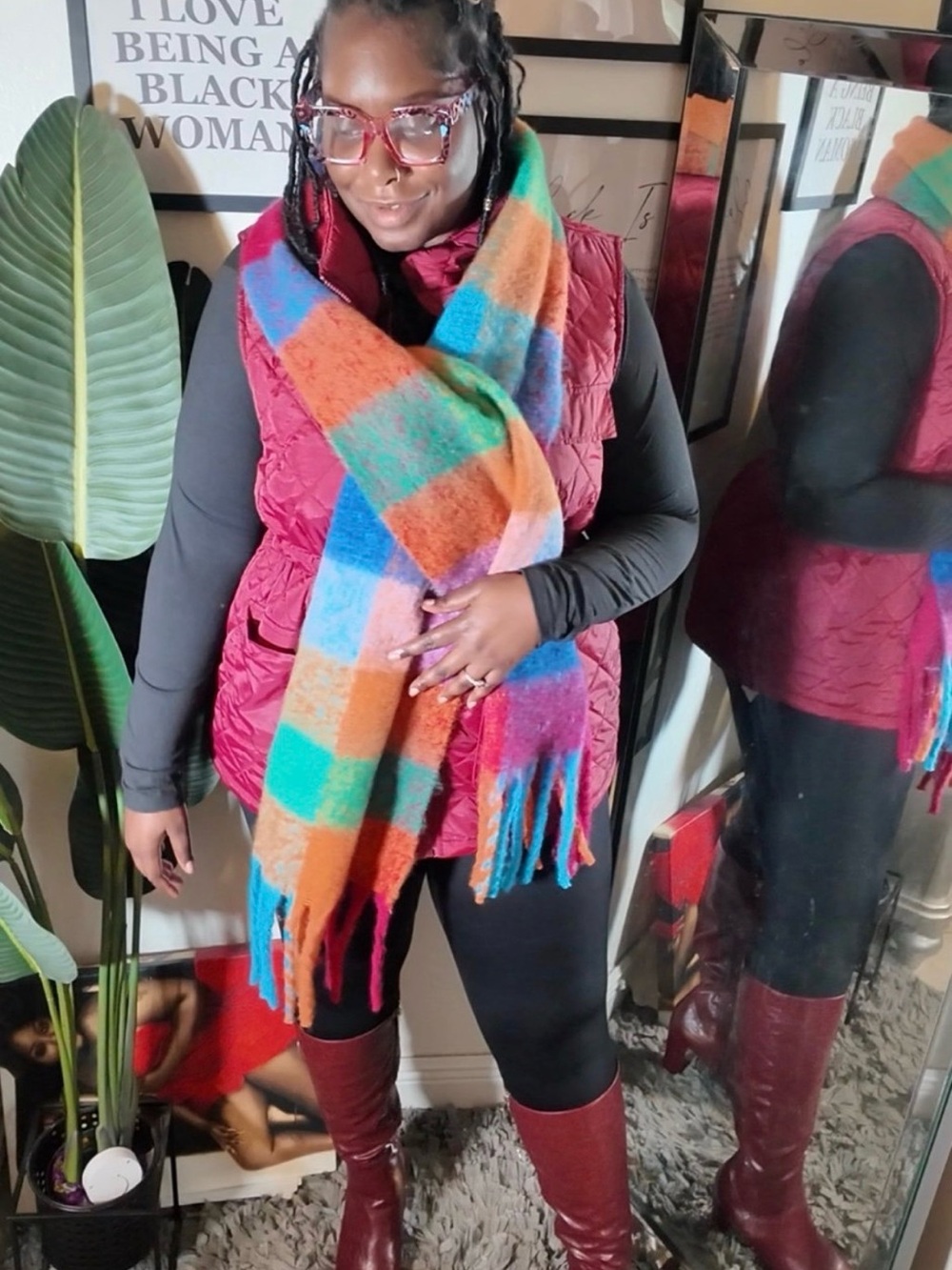 Colorblock Plaid Fringe Scarf - Multicolor